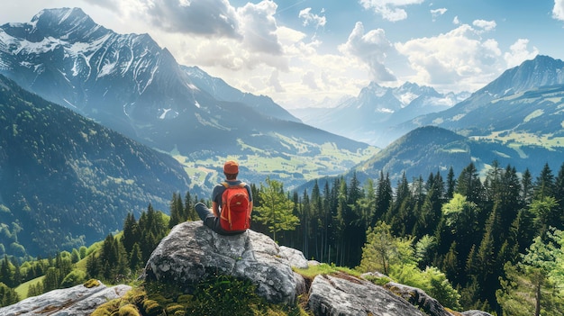 A hiker sitting on a rock gazing at a breathtaking vista of valleys and peaks