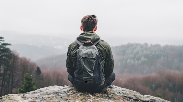 Photo hiker sitting on a rock looking out in disappointment