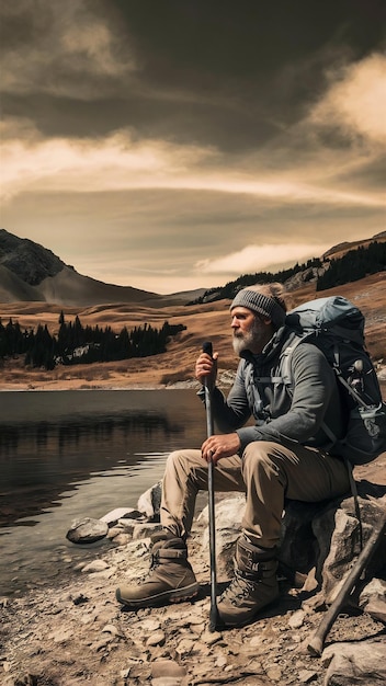 Hiker sitting next tot lake