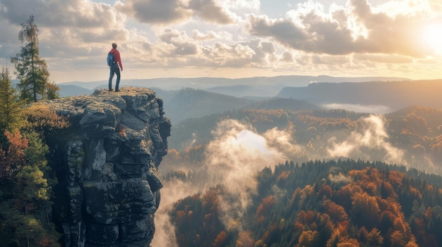 A hiker standing on a cliff edge looking out over a vast forest below dramatic clouds