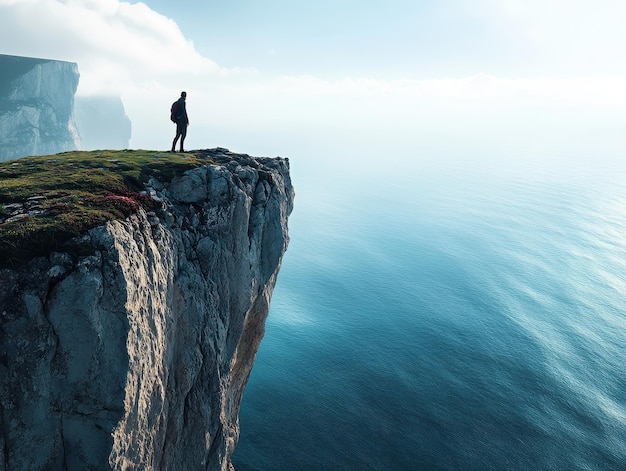 Photo hiker standing on a cliff edge overlooking a vast ocean