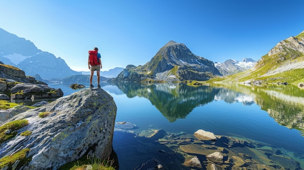 A hiker standing on a large rock beside a serene lake mountains reflected