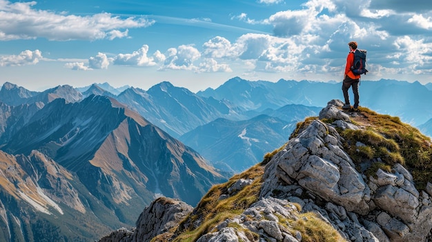 Hiker standing on a mountain peak