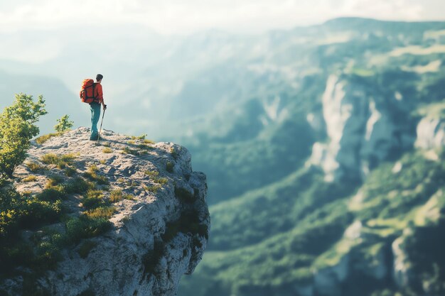 Photo hiker standing on a mountain summit overlooking breathtaking green hills and panoramic wilderness