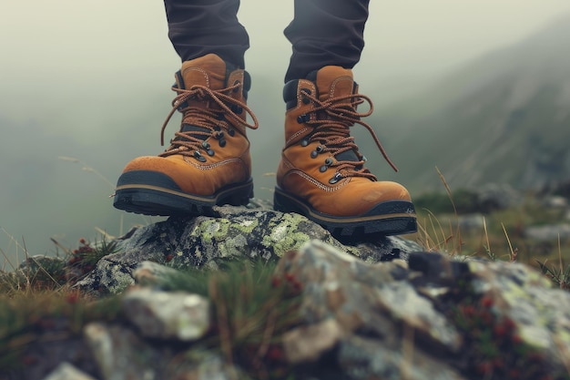 Hiker standing on rocks in mountain landscape wearing hiking boots