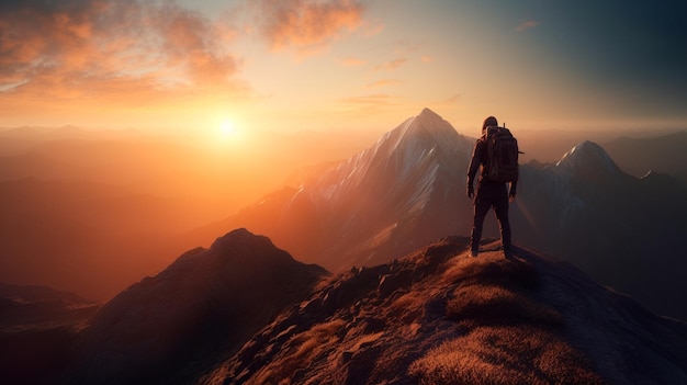 Hiker stands at the summit of a difficult mountain climb to be greeted with a beautiful view of the sunrise Generative AI