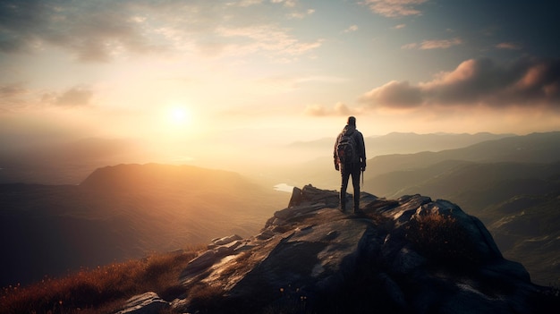 Hiker stands at the summit of a difficult mountain climb to be greeted with a beautiful view of the sunrise Generative AI