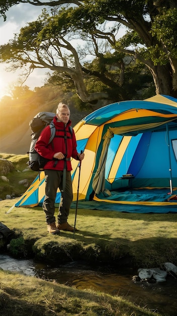 Hiker and tent