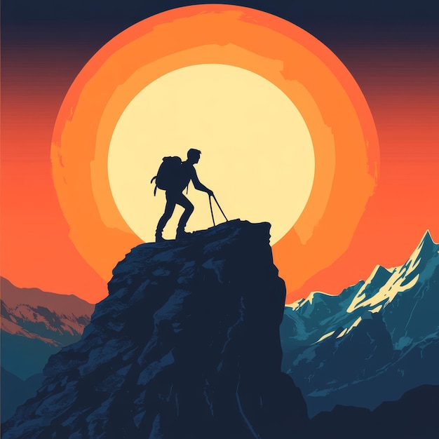 Hiker on top of a mountain at sunset Vector illustration