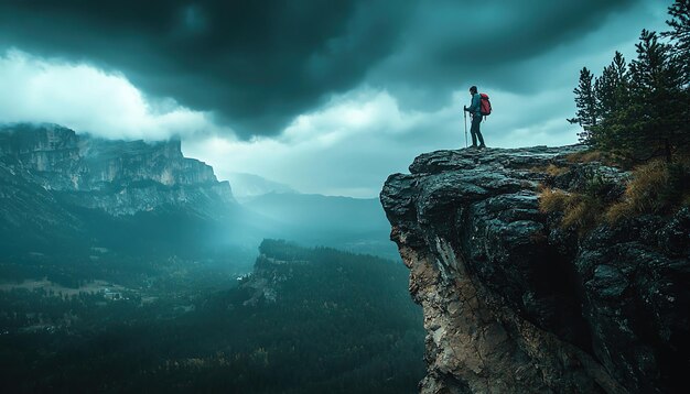 Photo a hiker trapped on a cliffside with a storm approaching battling fear and nature s elements to survive the night