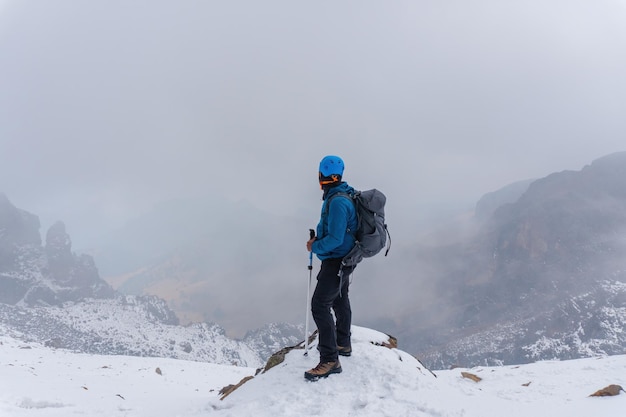 Hiker trekking in the mountains  Iztaccihuatl volcano in Popocatepetl National Park Mexico