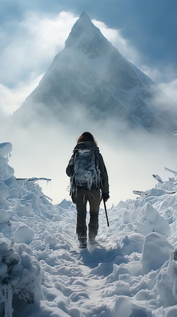 A hiker treks up a snowcovered mountain surrounded by a winter wonderland