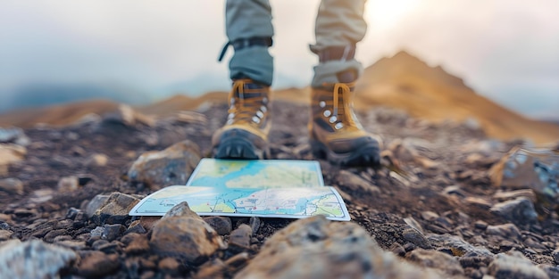 Photo hiker triumphantly standing on mountain summit with map spread on rocky ground concept outdoor photoshoot adventure nature achievement mountain summit