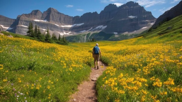 A hiker walks through a field of flowers in glacier national park.