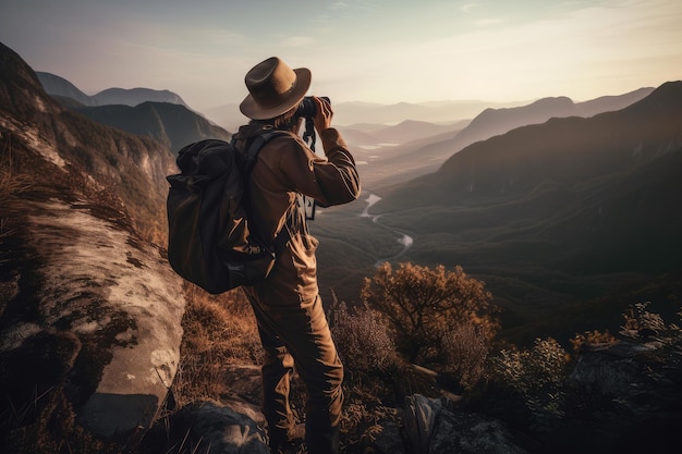 Hiker with backpack and camera capturing the beauty of nature created with generative ai