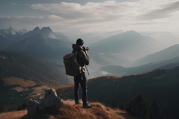 Hiker with backpack and camera capturing stunning view of mountain range