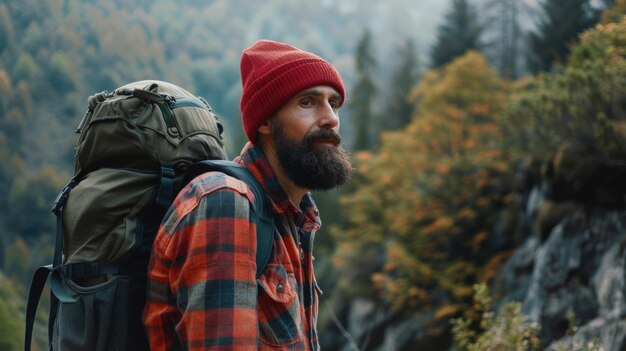 Photo a hiker with a backpack trekking through mountainous terrain at sunset in a serene setting aig58