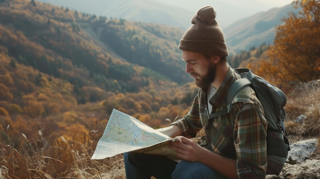 Photo a hiker with a beanie sits on a rock thoughtfully studying a map against a backdrop of rolling autumnal hills