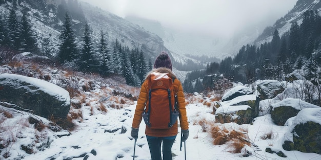 Photo a hiker with an orange backpack and trekking poles is exploring a snowy forest during winter aig62