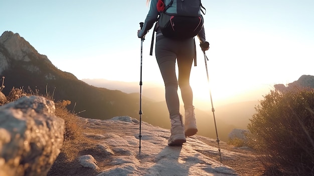 Hiker woman with trekking sticks climbs steep on mountain trailGenerative Ai