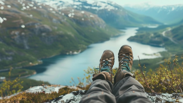 Hiker39s boots dangling over a breathtaking fjord embracing the beauty of raw nature