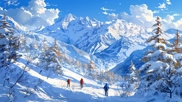 Hikers Ascending Snowy Mountain Range