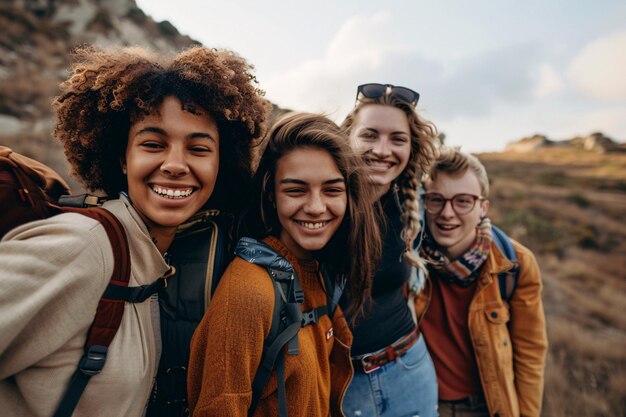 Hikers capturing a group selfie during a scenic mountain trek