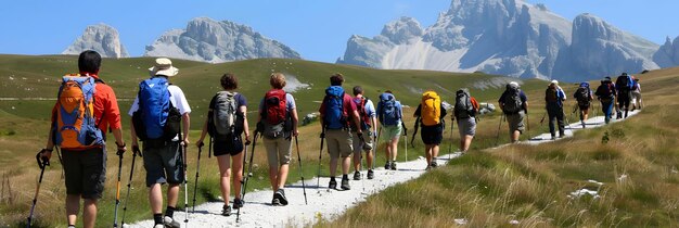 Photo hikers climbing mountain trail