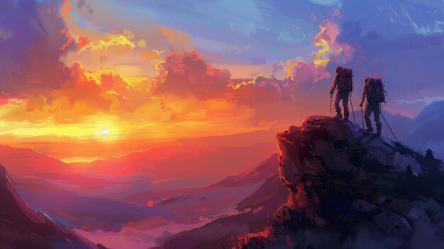 Hikers climbing on top of the mountain at sunset Digital painting Anime style