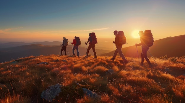 Hikers at Sunset on a Mountain Ridge