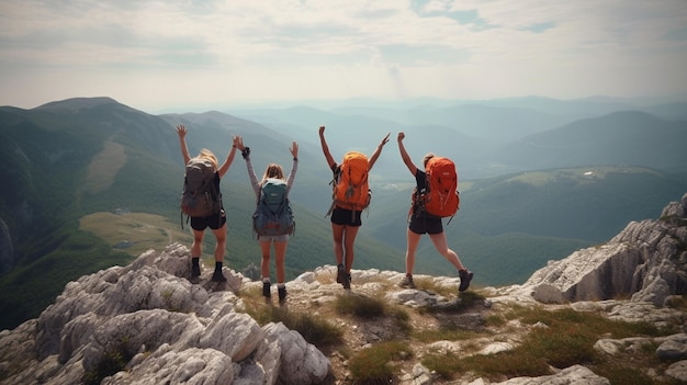 Hikers with backpacks jumping with arms up on top of a mountain