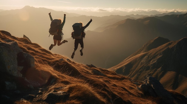 Hikers with backpacks jumping with arms up on top of a mountain