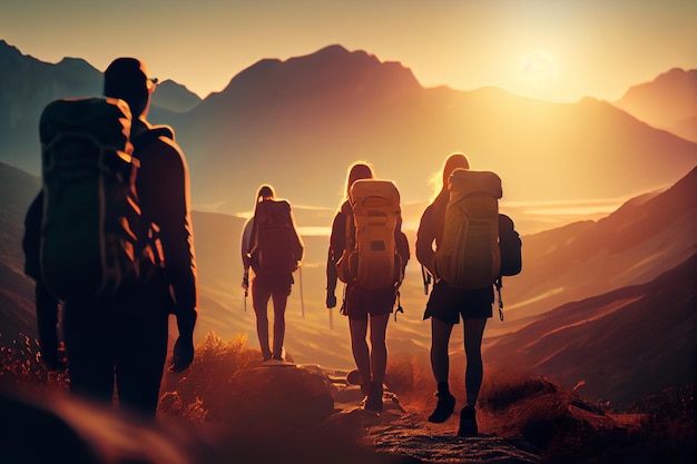 Hikers with backpacks on the trail in the mountains at sunsetgenerative ai