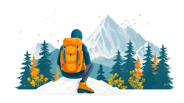 Hiking Adventure Travel Concept 3D Flat Icon of Person with Backpack Hiking Boots and Mountain Ov