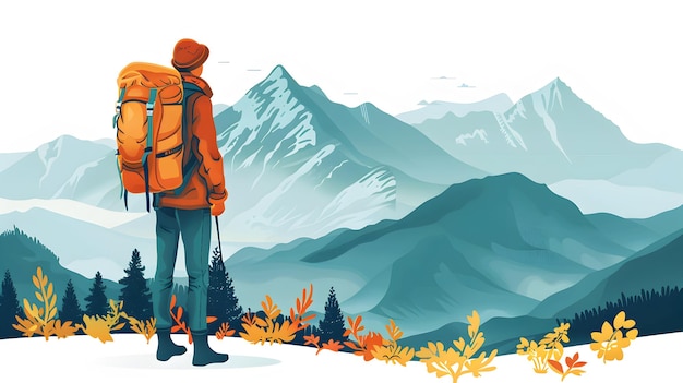 Hiking Adventure Travel Concept 3D Flat Icon of Person with Backpack Hiking Boots and Mountain Ov