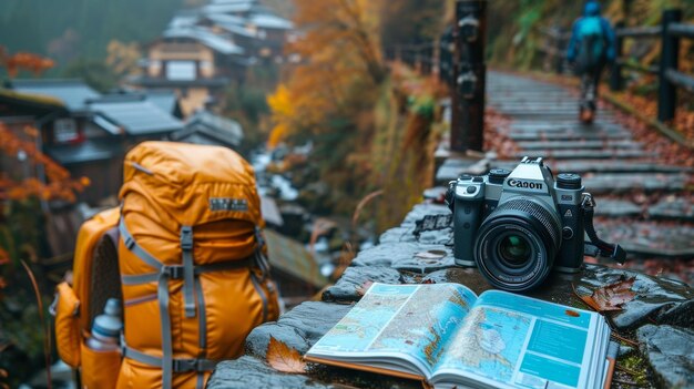 Photo hiking adventure with camera and map trail walks in mountainous scenery trail walks in mountainous