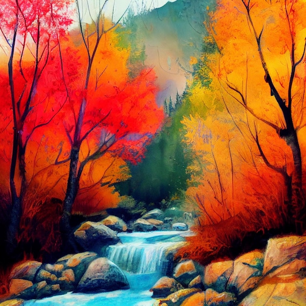 Hiking in the autumn mountains watercolor drawing