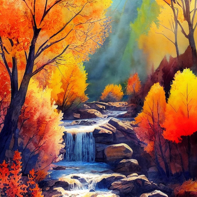 Hiking in the autumn mountains watercolor drawing