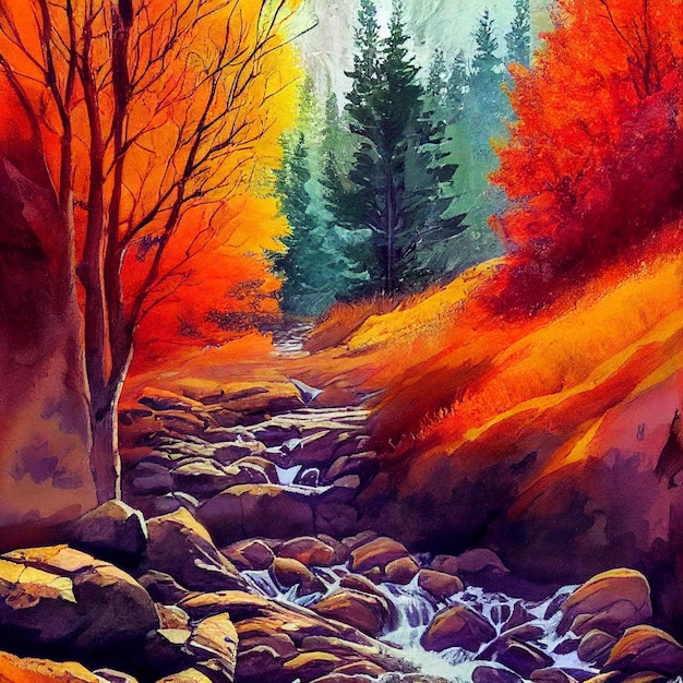 Hiking in the autumn mountains watercolor drawing