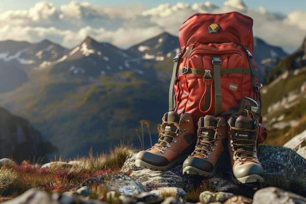 Hiking Backpack and Boots Outdoors Ready for Adventure