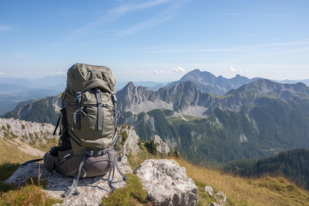 Hiking backpack with view of mountain range and clear blue sky created with generative ai