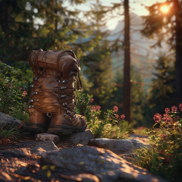 Photo hiking boots and backpack in the forest travel and adventure concept