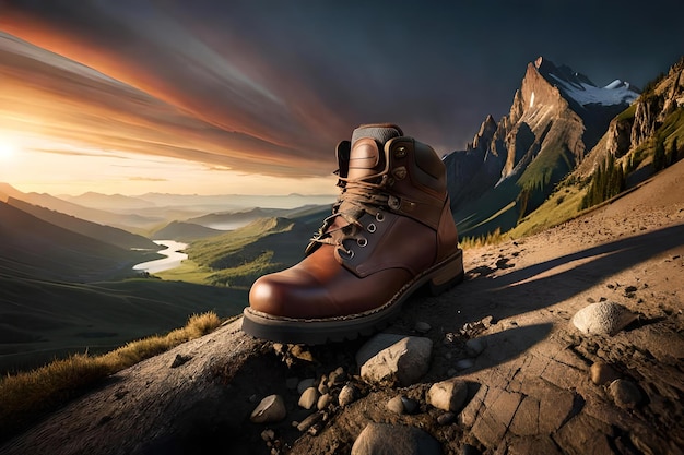 A hiking boots on a mountains with beautiful background