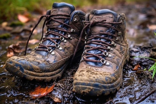 Hiking boots sinking in fresh mud after rain created with generative ai