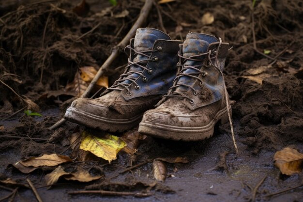 Hiking boots stuck in thick mud leaves around created with generative ai