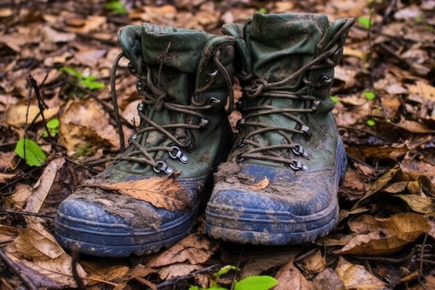 Hiking boots stuck in thick mud surrounded by leaves created with generative ai