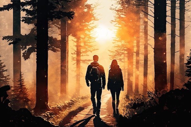 Hiking concept Couple going walk among the forest in sunny rays back view Backlight Activity tourism concept Generative AI