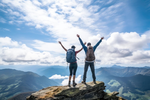 Hiking couple on the top of a mountain with arms raised in the air Freedom and success concept