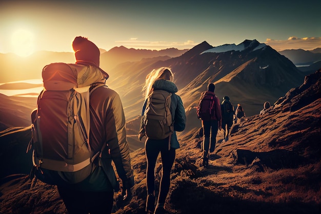 Hiking couple with backpacks in mountains at sunsetgenerative ai