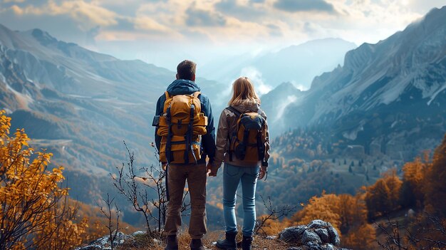 Photo hiking couple with backpacks walking in the mountains at sunset